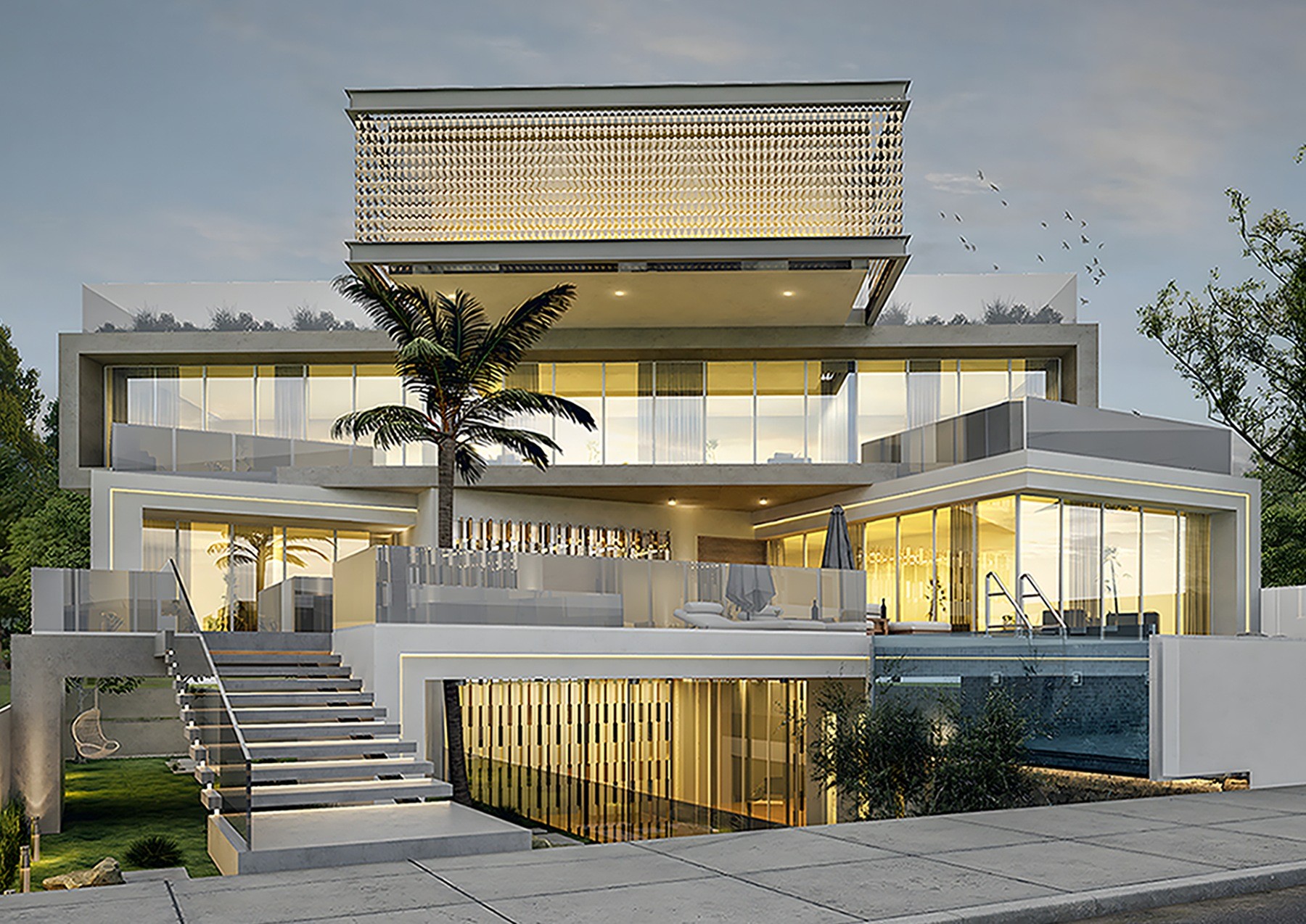 Multi-level modern villa with patterned upper facade, glass balconies, exterior stairs, and a swimming pool.